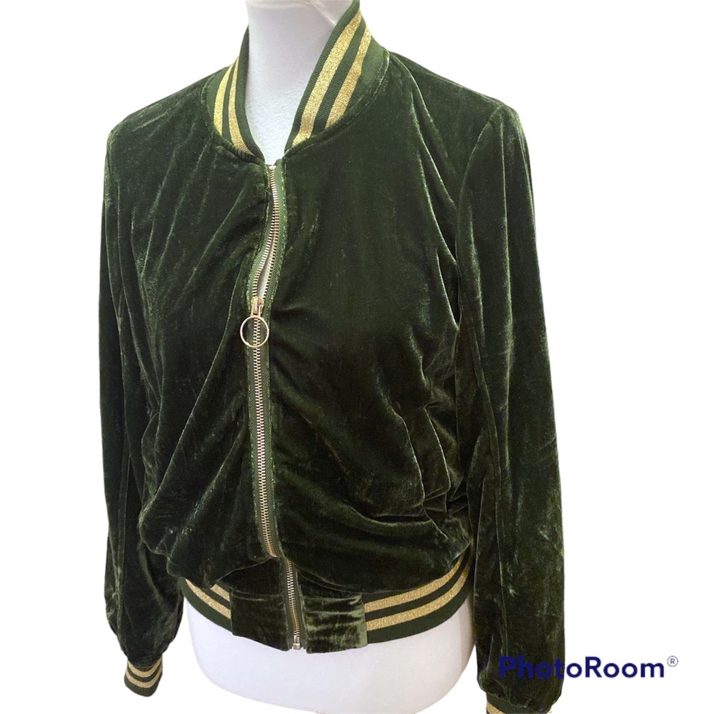 Steve Madden Green Velour Bomber Jacket Women’s Size Small Gold Stripe Trim Zip